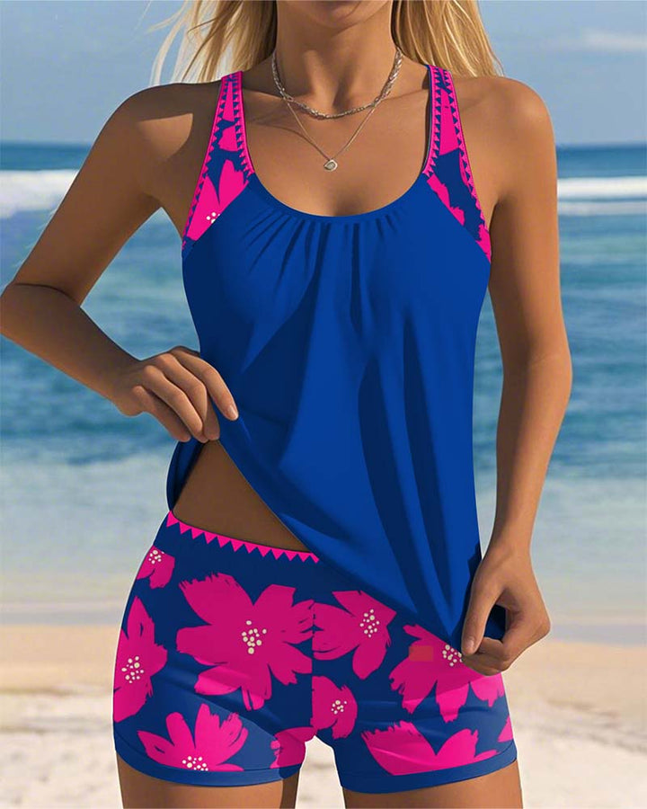 Ärmelloser Tankini mit U-Ausschnitt und Boxer-Muster