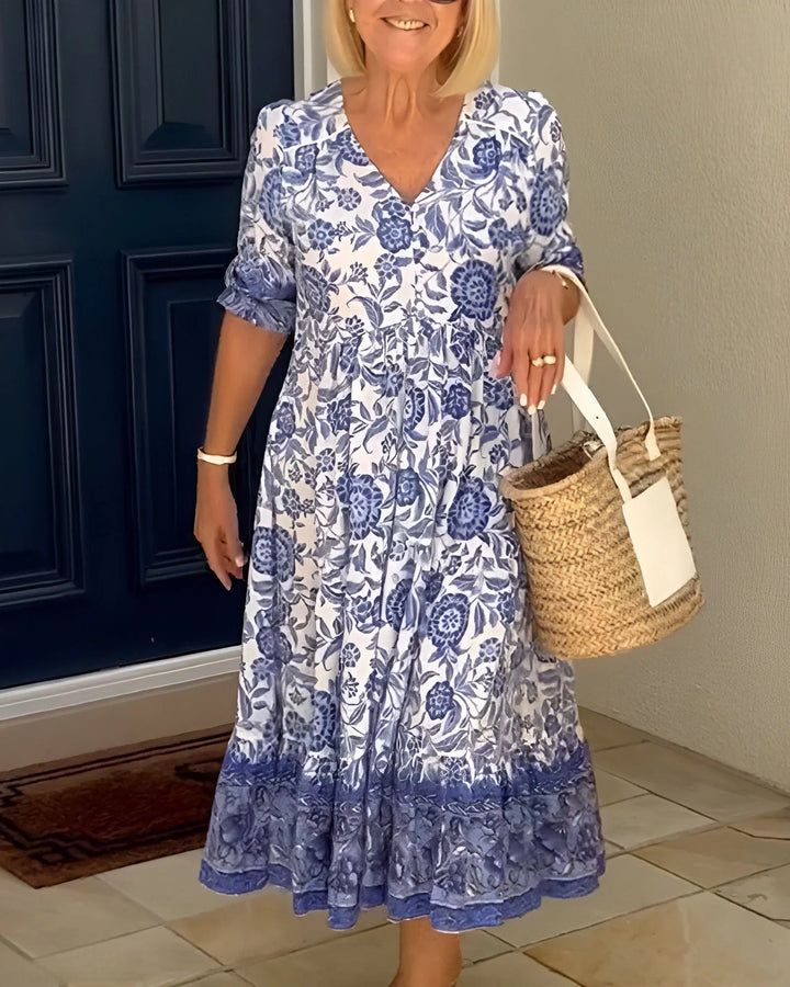 Luna - Stilvolles V-Ausschnitt Kleid mit eleganten Blumenmuster