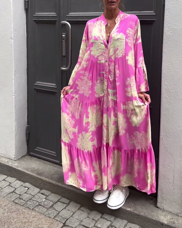 Giavanna - Lange bedruckte Kleid mit weit ausgestellten Ärmeln