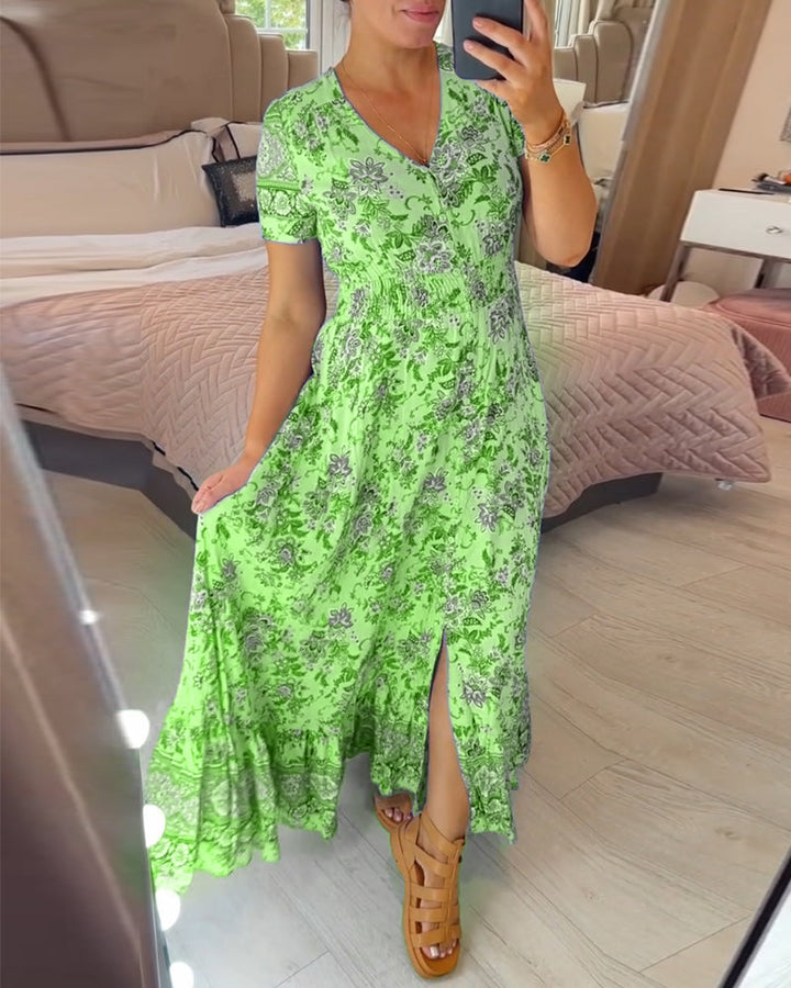 Ellie - Elegantes plissiertes V-Ausschnittkleid mit floralem Design