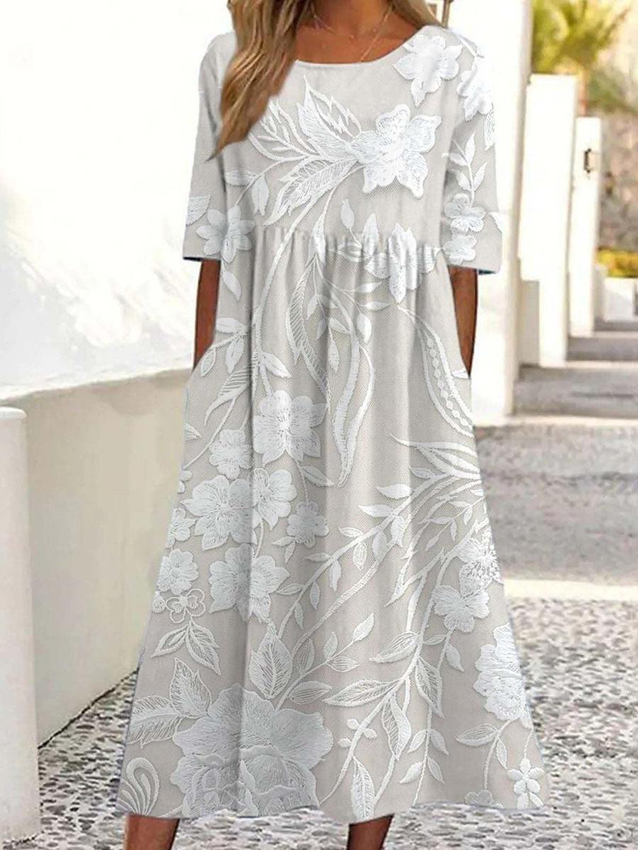 Dovie - Langärmliges Blumenkleid mit Klassischem Design und 3/4-Ärmeln