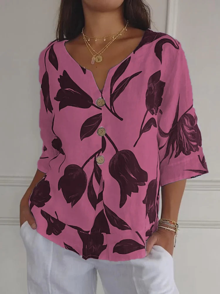 Sanne™ - Floral Print Button-Up Blouse