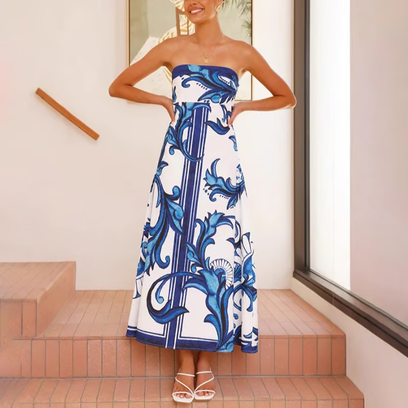 Iris - Langes Vintage-Print Tube-Kleid