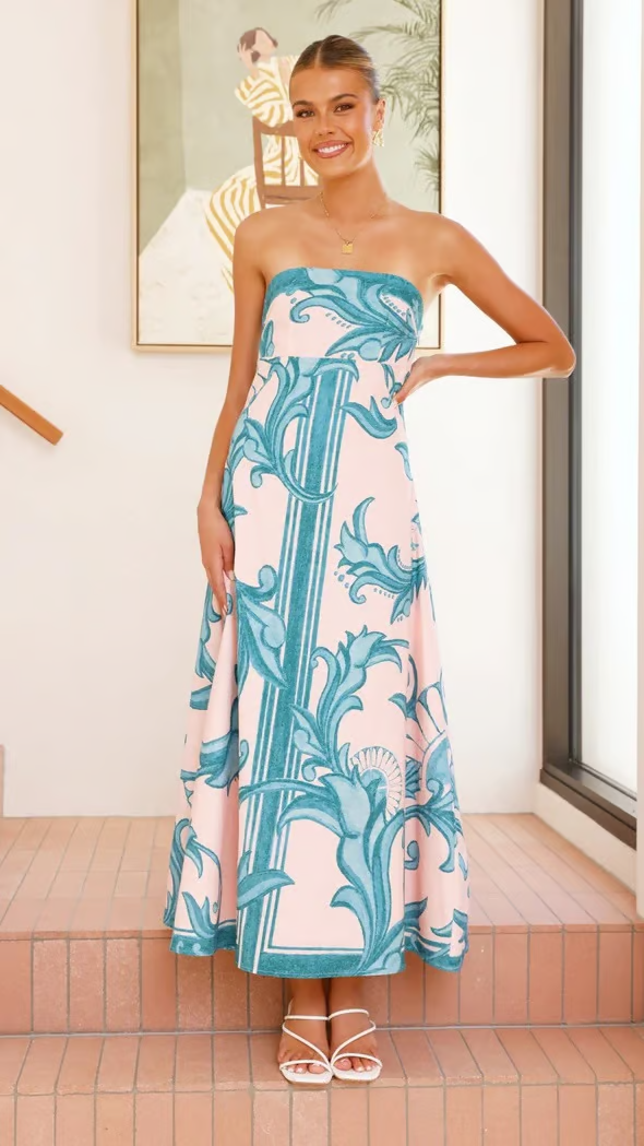 Iris - Langes Vintage-Print Tube-Kleid