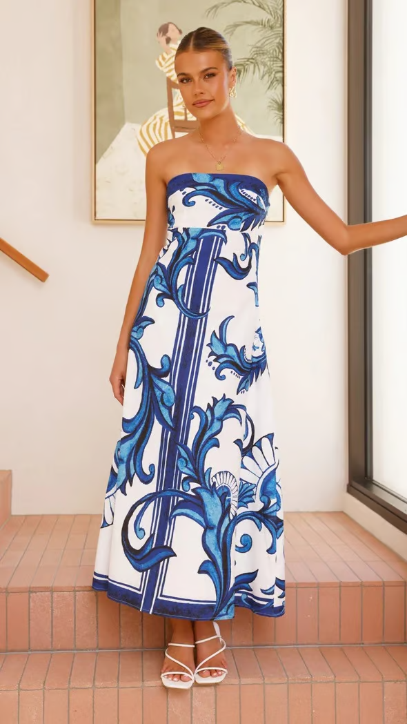 Iris - Langes Vintage-Print Tube-Kleid