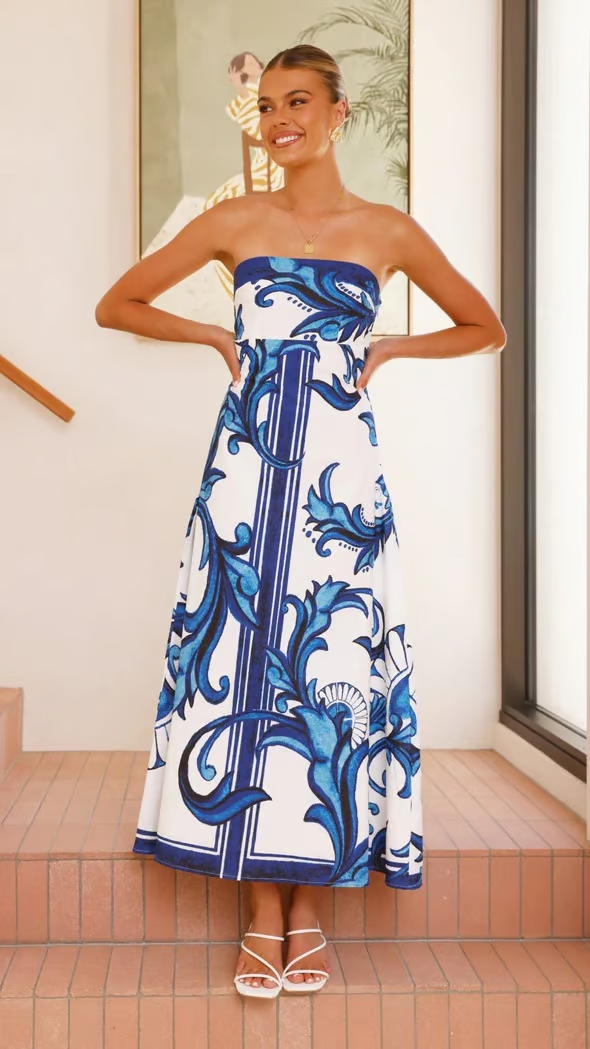 Iris - Langes Vintage-Print Tube-Kleid