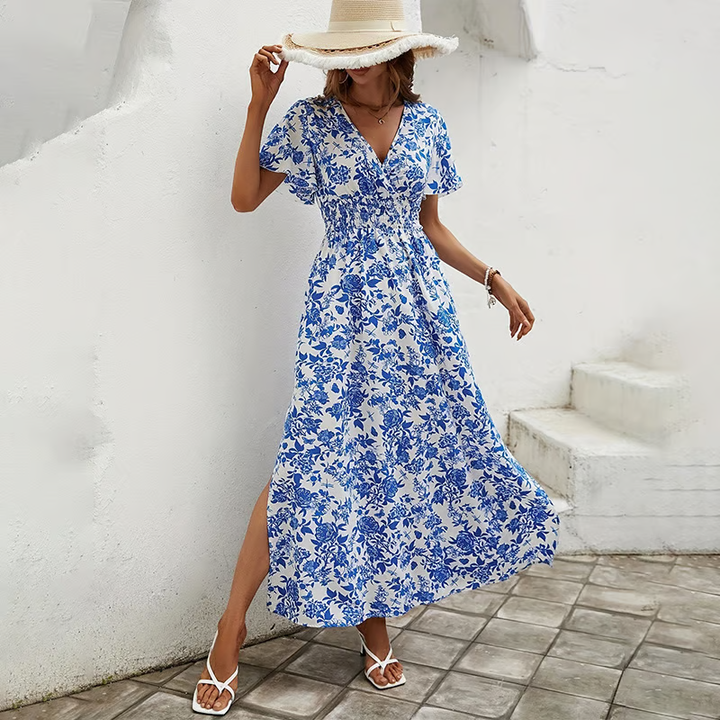 Bea - Blaues Boho-Maxikleid mit V-Ausschnitt