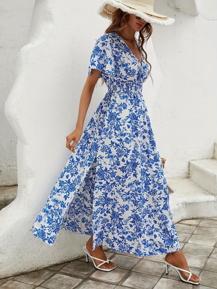 Bea - Blaues Boho-Maxikleid mit V-Ausschnitt