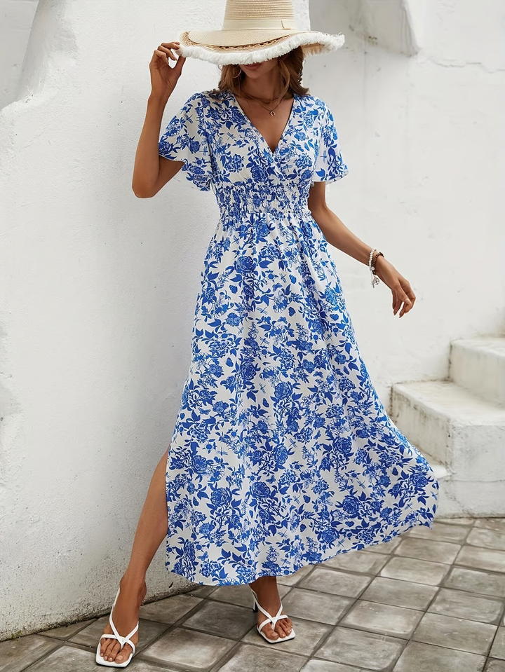 Bea - Blaues Boho-Maxikleid mit V-Ausschnitt