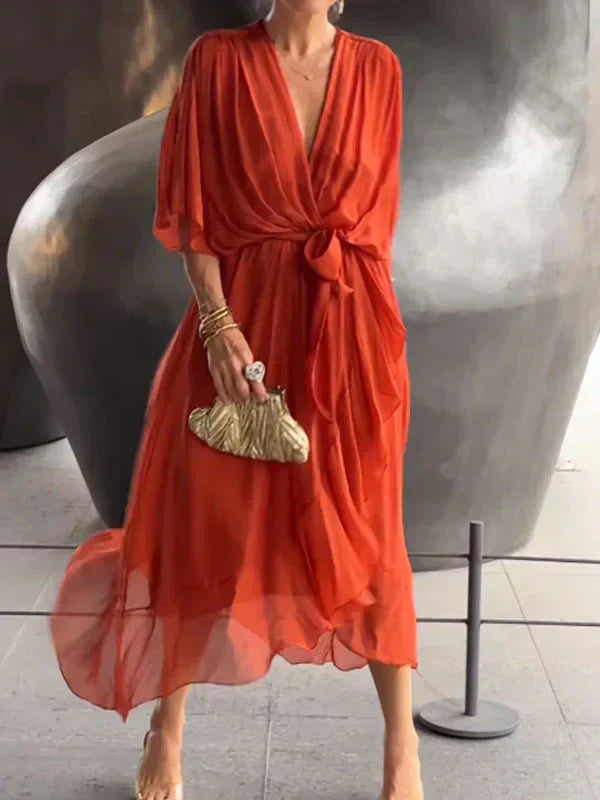 MAYLORA™ | Midi-Chiffonkleid mit Wickeldesign