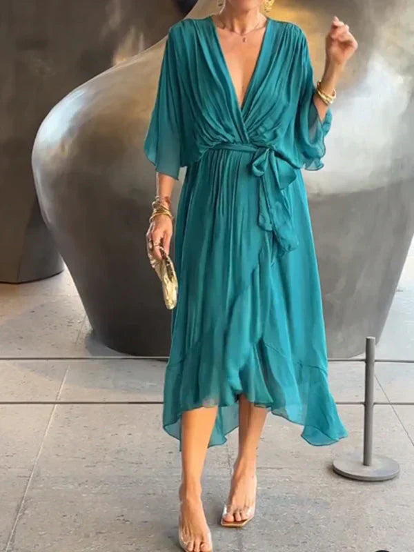 MAYLORA™ | Midi-Chiffonkleid mit Wickeldesign