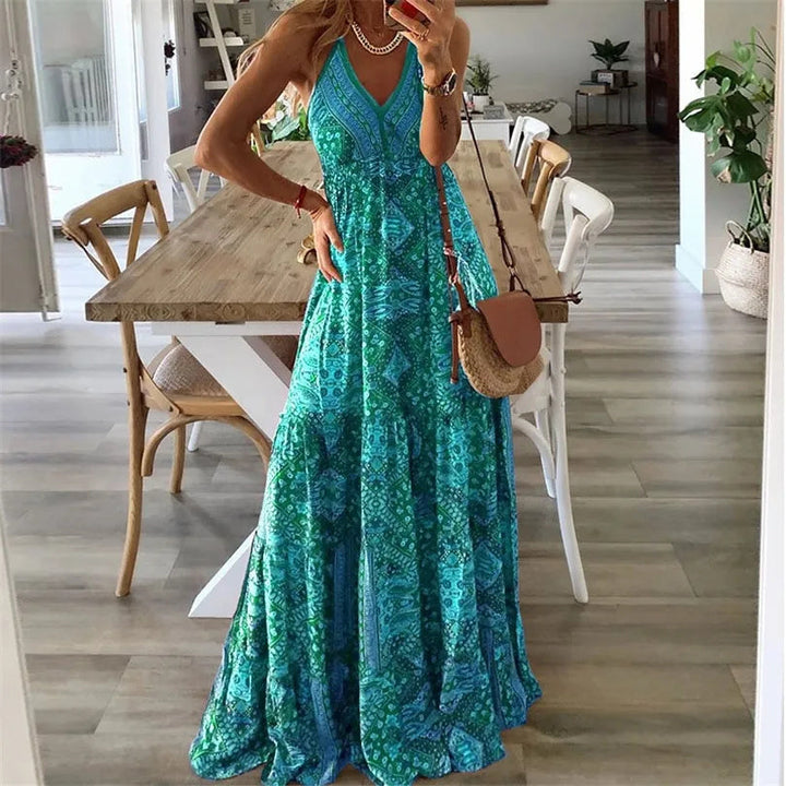 Wren - Maxi Boho Kleid mit V-Ausschnitt und schmalen Trägern