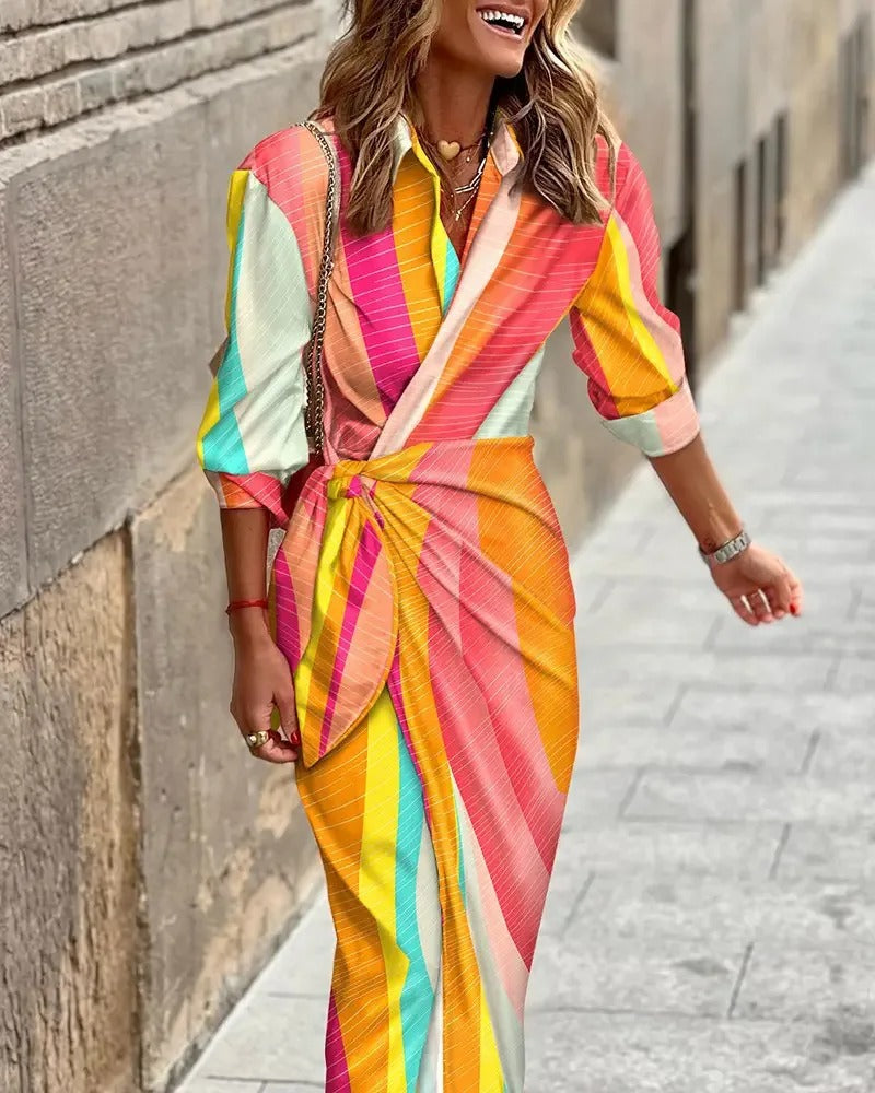 Zella - Gestreiftes Midi-Kleid mit V-Ausschnitt